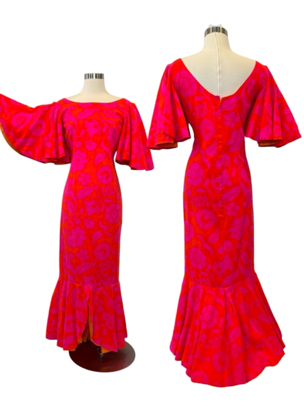Vintage Hawaiian Hot Pink Orange Floral Print Mermaid Maxi Gown Dress Guadalupe